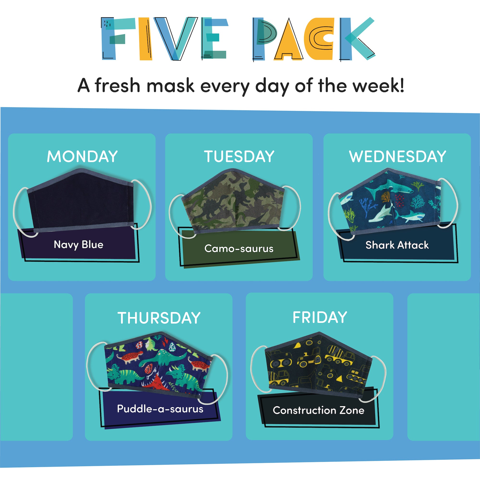 Variety 5-Pack - Sharks & Dinos Reusable Face Masks